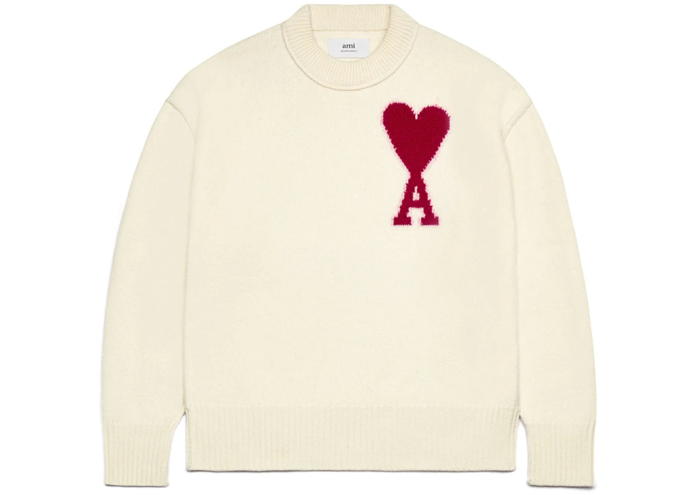 Ami Paris Ami De Coeur Felted Merino Wool Sweater Off White/Red