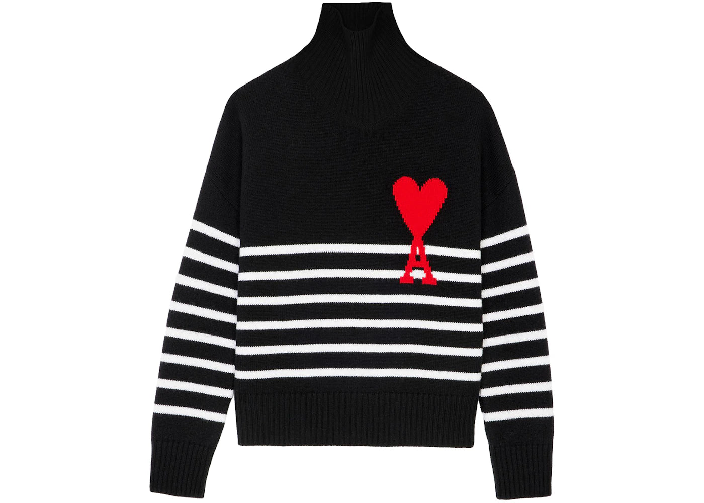 Ami Paris Ami De Coeur Striped Funnel Neck Oversize Sweater Black/White/Red