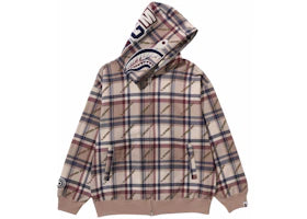 BAPE Logo Check Pattern Shark Full Zip Hoodie Beige