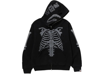 BAPE Skeleton Shark Heavy Washed Cropped Fit Full Zip Hoodie Black