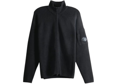 C.P. Company Waffle Knit Cotton Zip Lens Cardigan Black