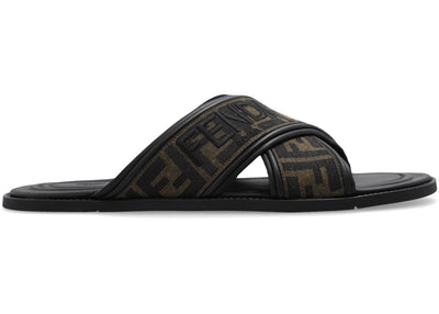 Fendi FF Motif Fabric Slide Embroidered Logo Tobacco