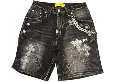 Guapi Obsidian Black Faded Cross Denim Shorts Black