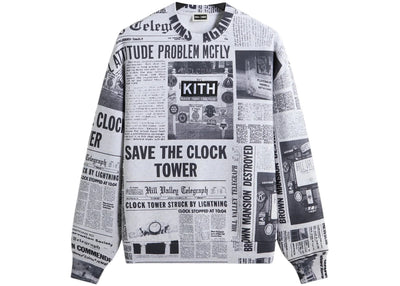 Kith x Back to the Future Newspaper All-Over Printed Nelson Crewneck Light Heather Grey