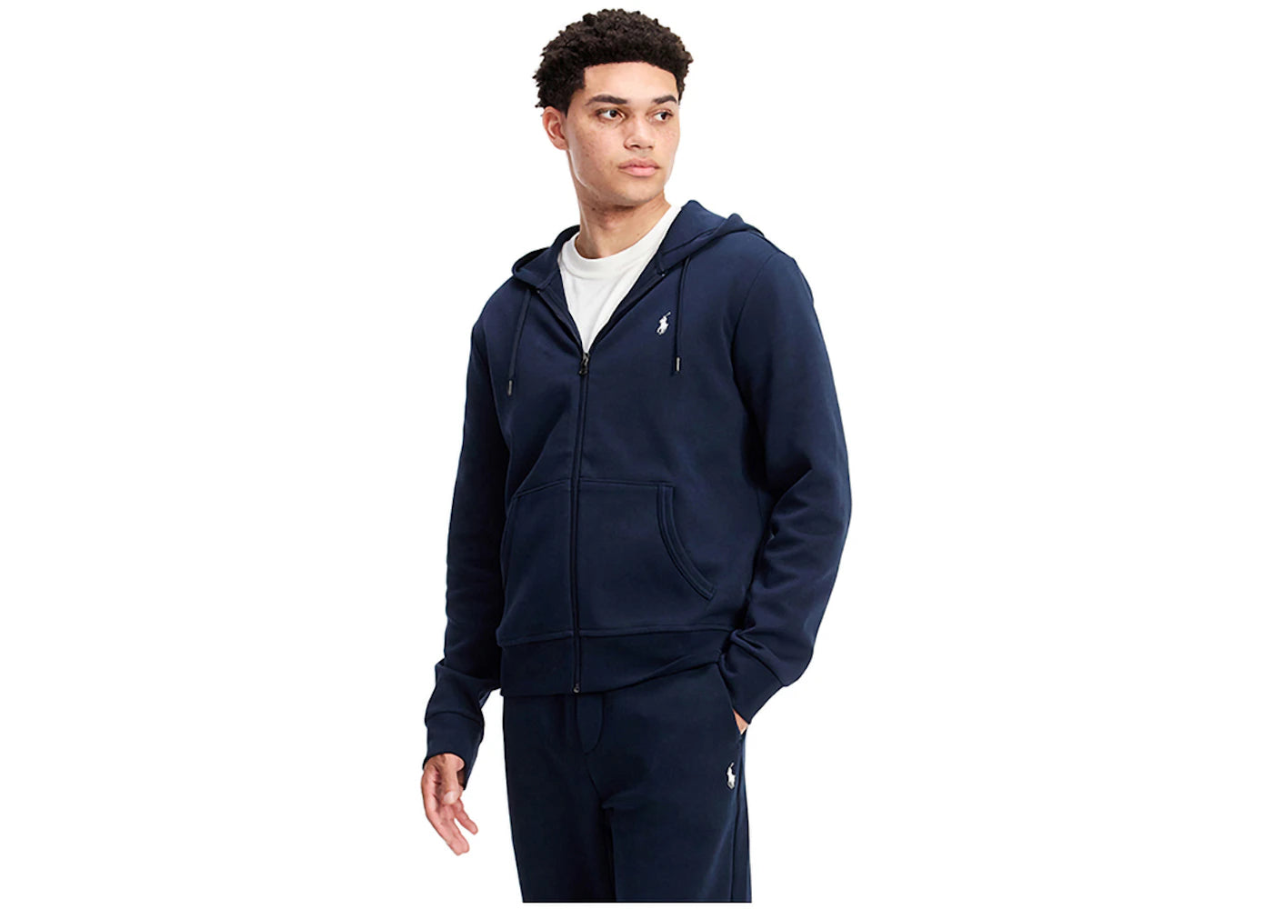 Polo Ralph Lauren Kapuzenpullover mit doppeltem Strickmuster und Reißverschluss, Modell Aviator, Marineblau/Weiß