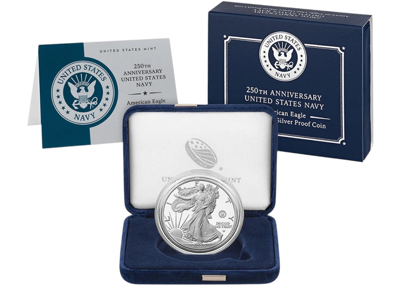 United States Mint 250. Jahrestag United States Navy American Eagle Eine Unze Silber Proof Münze San Francisco (S)