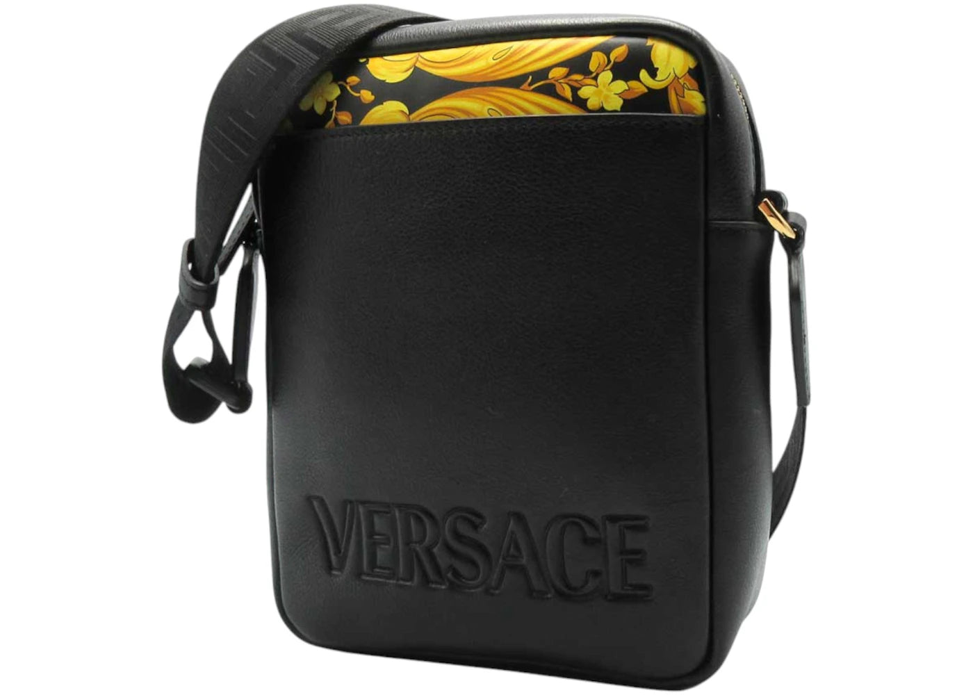 Versace Umhängetasche aus Leder mit Barockmuster, Schwarz/Gelb