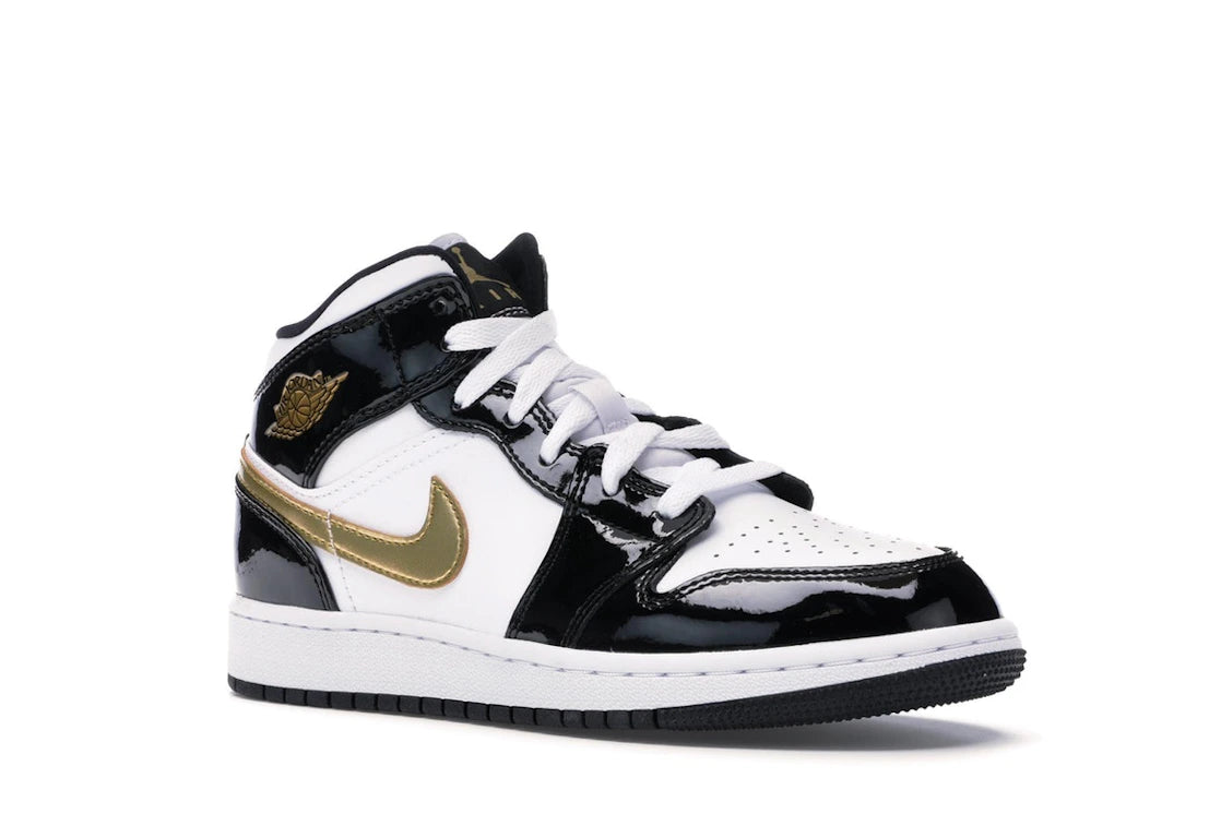 Jordan 1 Mid Patent Schwarz Weiß Gold (GS)