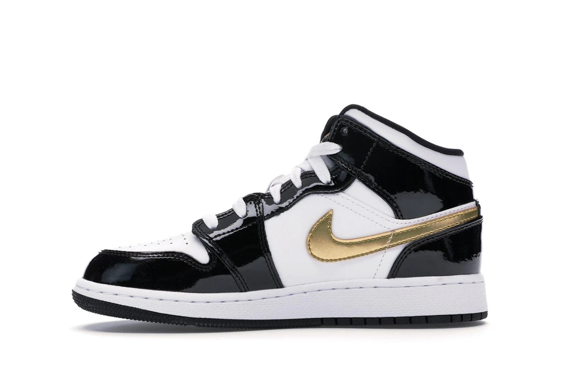 Jordan 1 Mid Patent Schwarz Weiß Gold (GS)