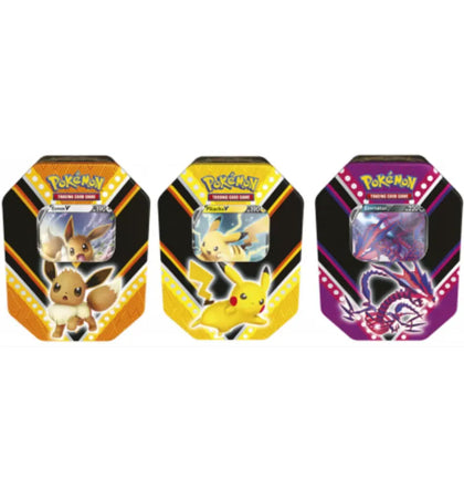 Pokémon TCG V Powers Eevee V/Pikachu V/Eternatus V Tin 3x Lot (Vertical) - authentic Pokemon product