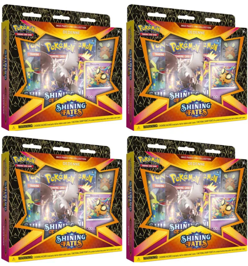 Pokémon TCG Sword & Shield Shining Fates Mad Party Pin Collection Dedenne 4x Lot - vue 360