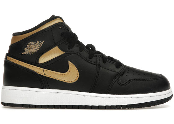 Jordan 1 Mid Black Metallic Gold Swoosh (GS) sneakers - authentic Jordan shoes