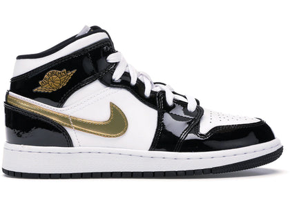 Jordan 1 Mid Patent Black White Gold (GS) - authentic Jordan sneakers