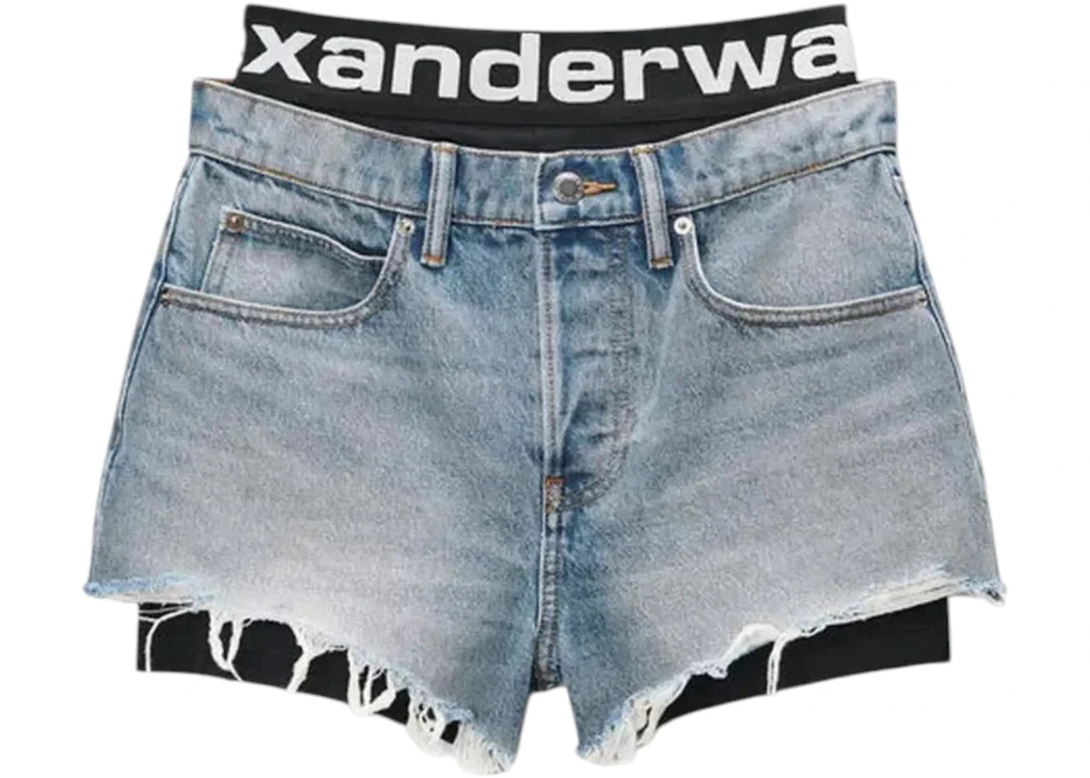 Alexander Wang Women's Logo Bike Short Pre-Styled Relaxed Shorts Authentic Light Indigo - vue 360