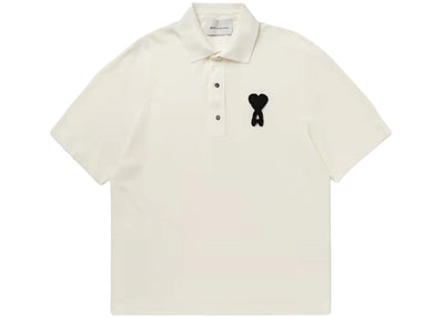 Ami Paris Ami De Coeur Knitted Patch Boxy Fit Polo Shirt Cream White