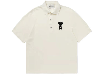 Ami Paris Ami De Coeur Knitted Patch Boxy Fit Polo Shirt Cream White - authentic Ami Paris apparel