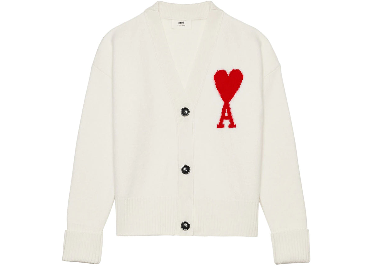 Ami Paris Ami De Coeur Merino Wool Oversize Cardigan White/Red - vue 360