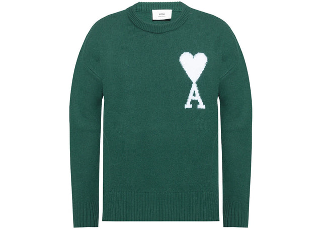 Ami Paris Ami De Coeur Merino Wool Oversized Crewneck Sweater Green/White