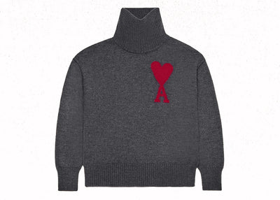 Ami Paris Roter Ami De Coeur Pullover Hellgrau/Rot