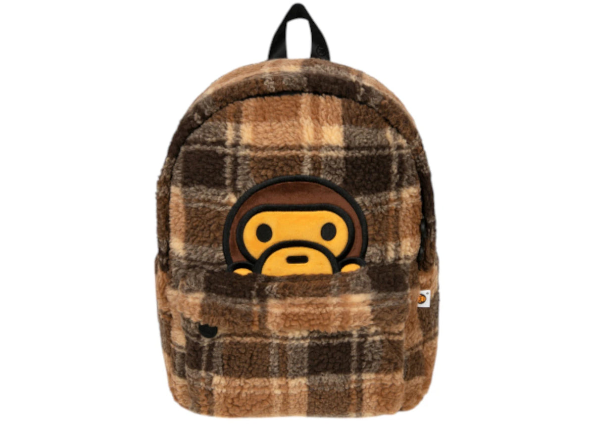 BAPE Baby Milo Check Sherpa Medium Backpack Beige - vue 360