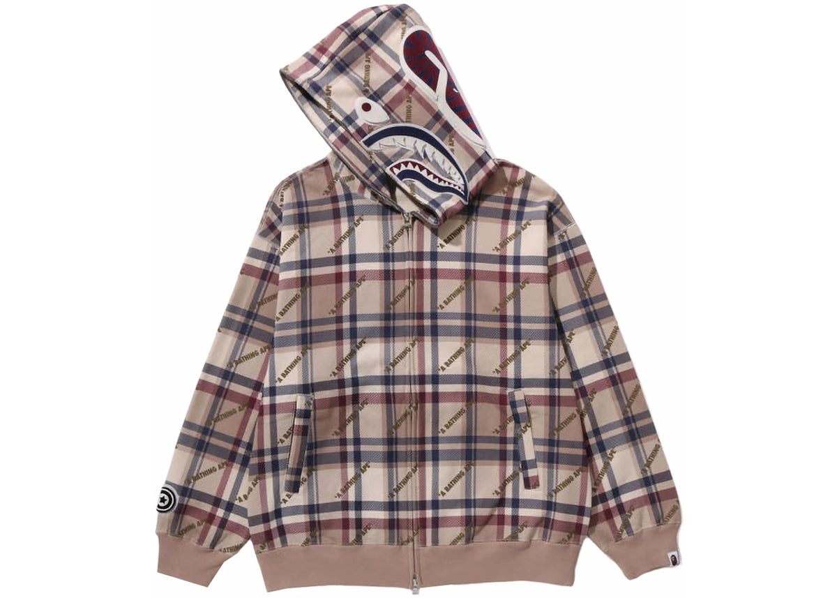BAPE Logo Check Pattern Shark Full Zip Hoodie Beige - vue secondaire B