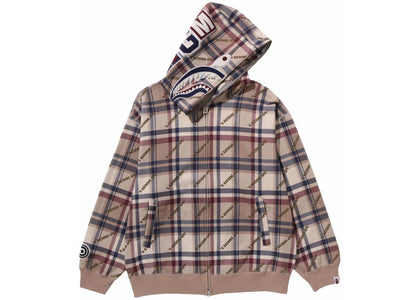 BAPE Logo Check Pattern Shark Full Zip Hoodie Beige - apparel view 2