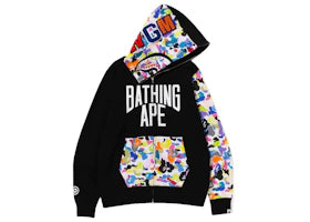BAPE Multi Camo NYC Logo Shark Full Zip Hoodie Black - authentic BAPE apparel