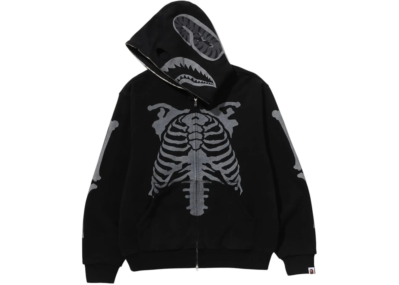 BAPE Skeleton Shark Heavy Washed Cropped Fit Full Zip Hoodie Black - vue secondaire A