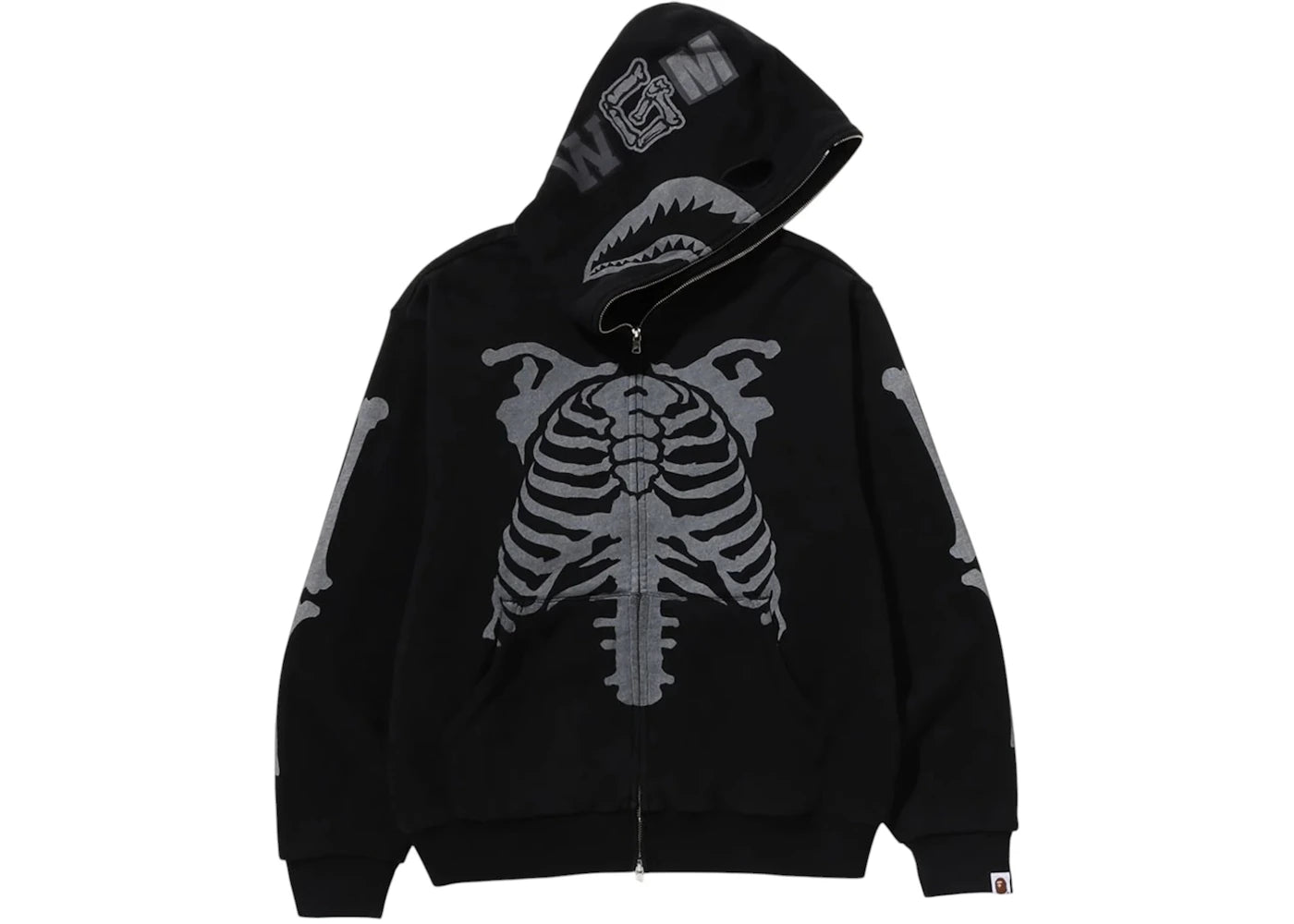 BAPE Skeleton Shark Heavy Washed Cropped Fit Full Zip Hoodie Black - vue 360