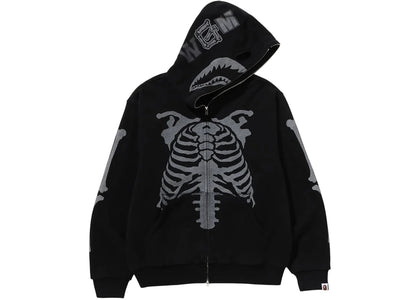 BAPE Skeleton Shark Heavy Washed Cropped Fit Full Zip Hoodie Black - authentic BAPE apparel
