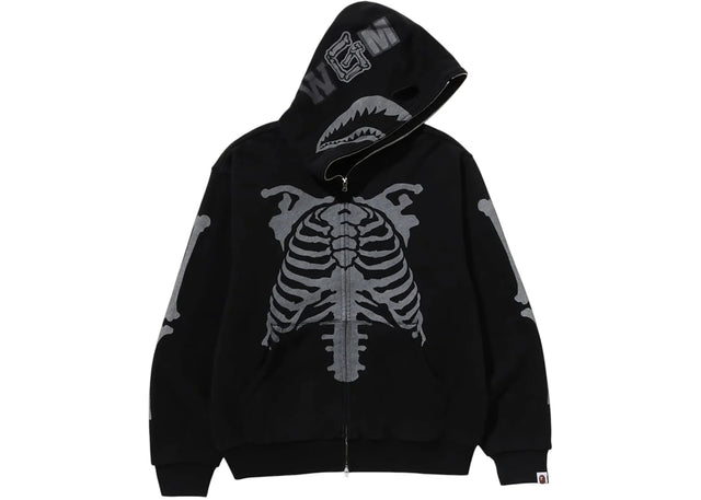 BAPE Skeleton Shark Heavy Washed Cropped Fit Full Zip Hoodie Black