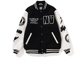 BAPE x Neighborhood Varsity Jacket Black White - authentic BAPE apparel