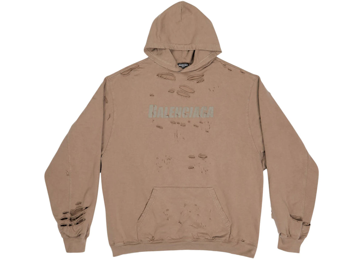 Balenciaga Caps Destroyed Oversize Fit Hoodie Dark Beige/Khaki - vue secondaire A