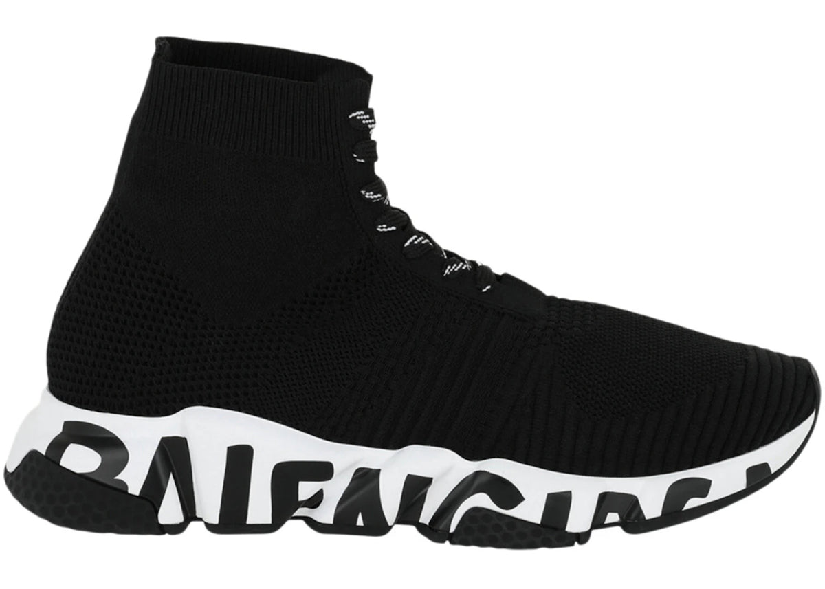 Balenciaga Speed Lace Up Graffiti Recycled Knit Graffiti Black White - vue secondaire A