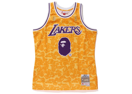 BAPE x Mitchell & Ness Lakers ABC Basketball Swingman Jersey Yellow - apparel view 2
