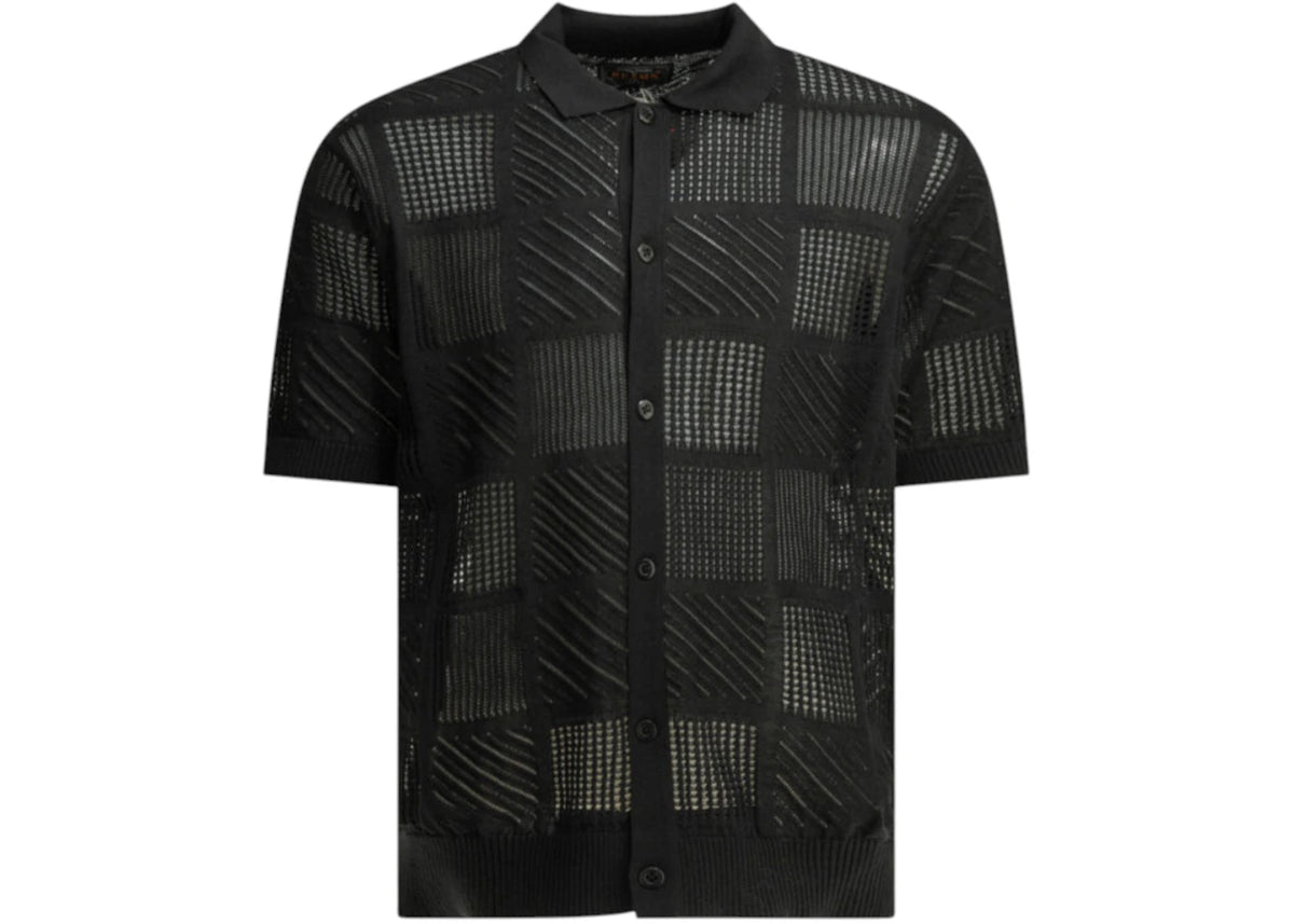 Beams Plus Textured Knit Button-Down Polo Shirt Black - vue secondaire A