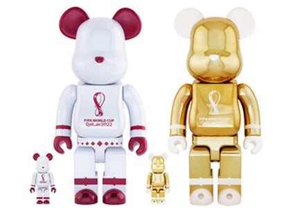 Bearbrick x FIFA World Cup Qatar 2022 100% & 400% 4-Pc Set White Chrome/Gold - authentic Bearbrick product