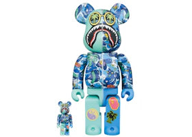 Bearbrick x Steven Harrington x BAPE Shark 100% & 400% Set Blue Camo - vue 360