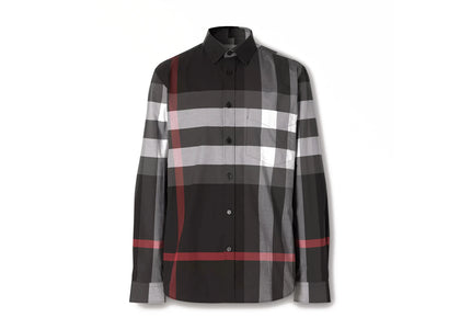 Burberry Check Stretch Cotton Poplin Shirt Charcoal - authentic Burberry apparel