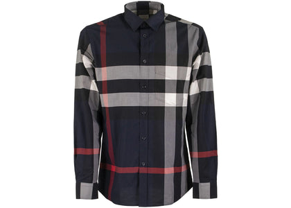 Burberry Check Stretch Cotton Poplin Shirt Navy - authentic Burberry apparel