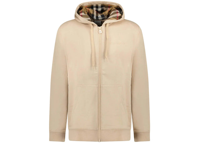 Burberry Hove Check Embroidery Logo Zip Hoodie Soft Fawn