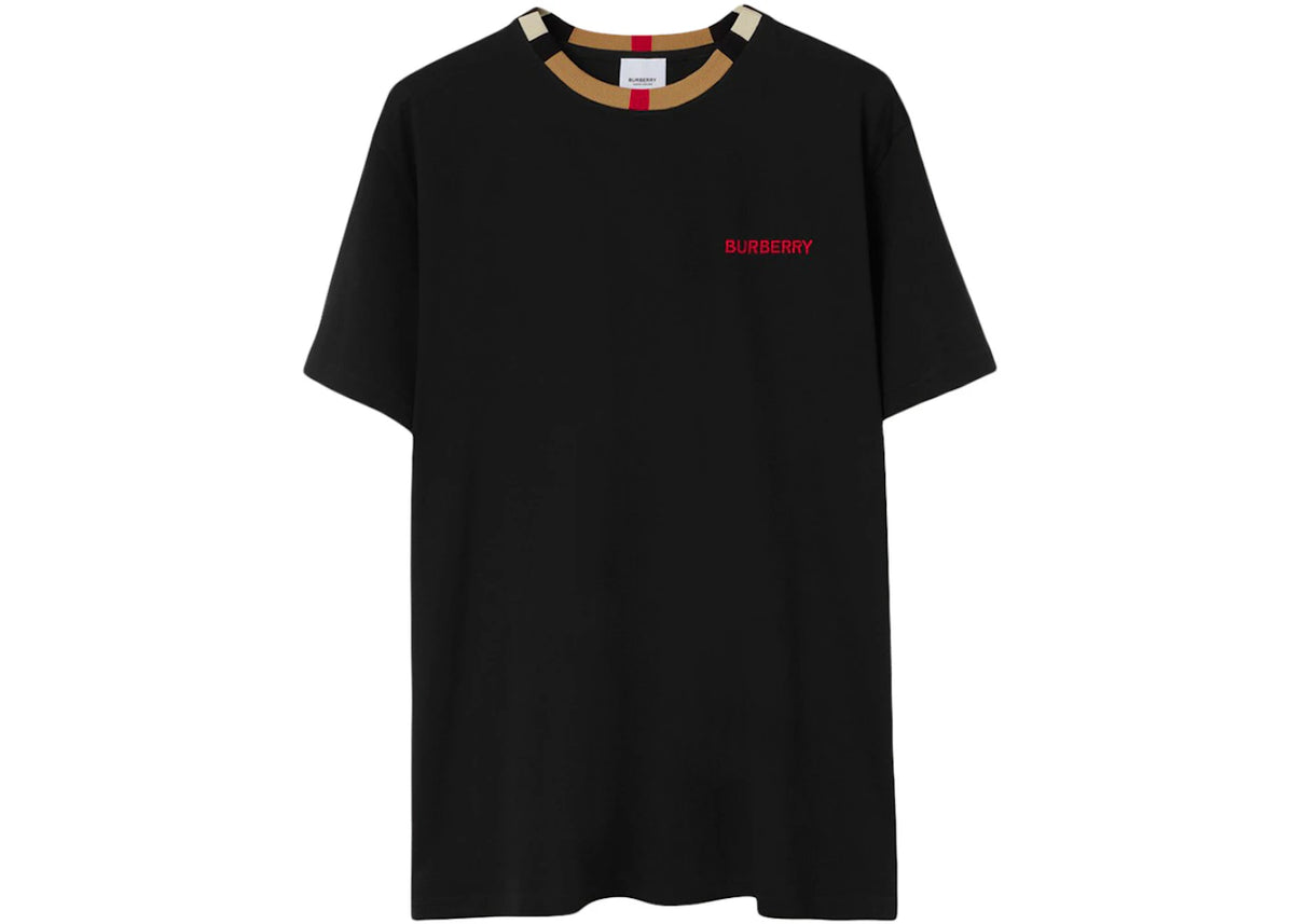 Schwarzes Burberry Icon Stripe Trim Baumwoll-T-Shirt - vue 360