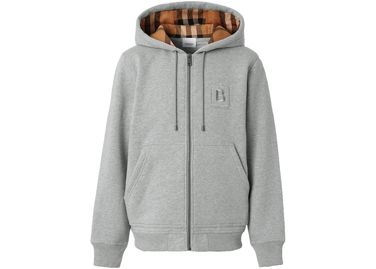 Burberry Letter Graphic Cotton Blend Zip Hoodie Pale Grey Melange - vue 360