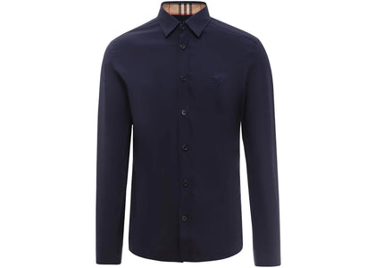 Burberry Slim Fit Monogram Motif Stretch Cotton Poplin Shirt Navy - authentic Burberry apparel