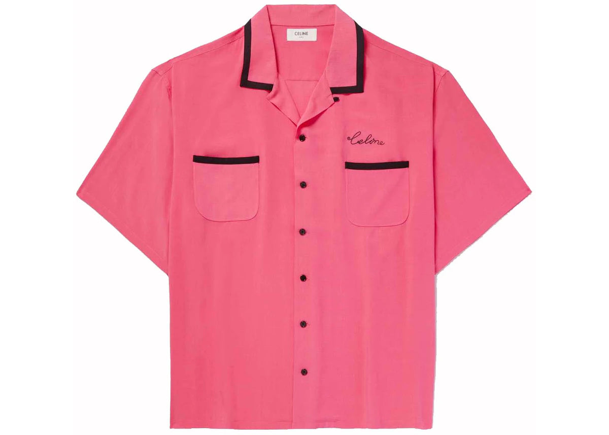 Celine Camp-Collar Logo-Embroidered Twill Shirt Pink - vue secondaire A