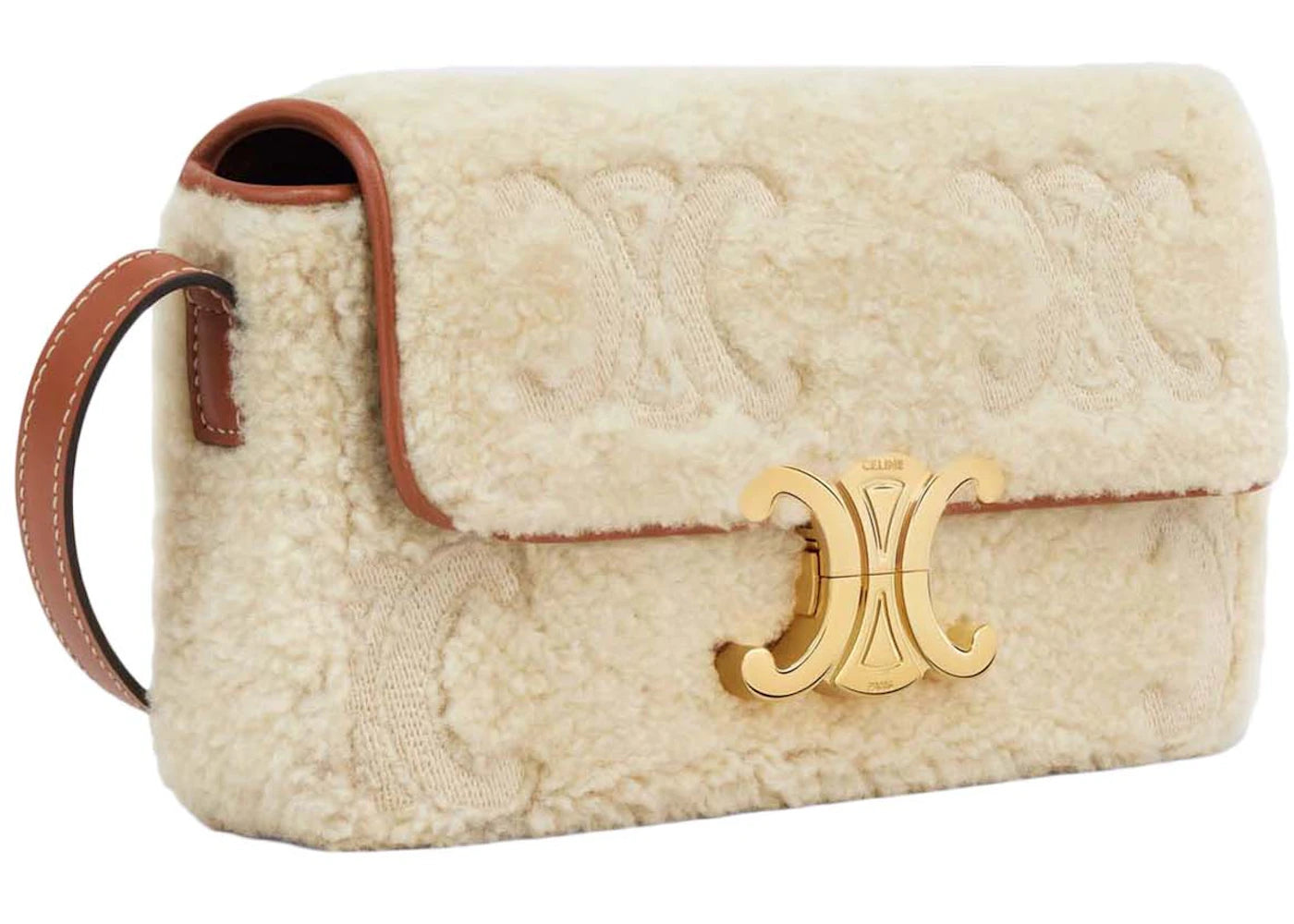 Celine Claude in Shearling with Triomphe Embroideries Shoulder Bag Natural/Tan