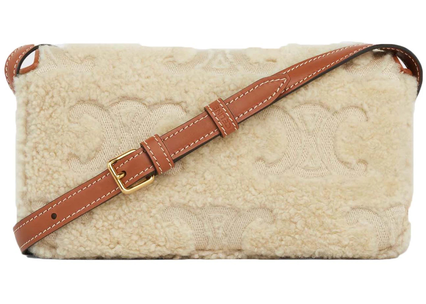 Celine Claude in Shearling with Triomphe Embroideries Shoulder Bag Natural/Tan
