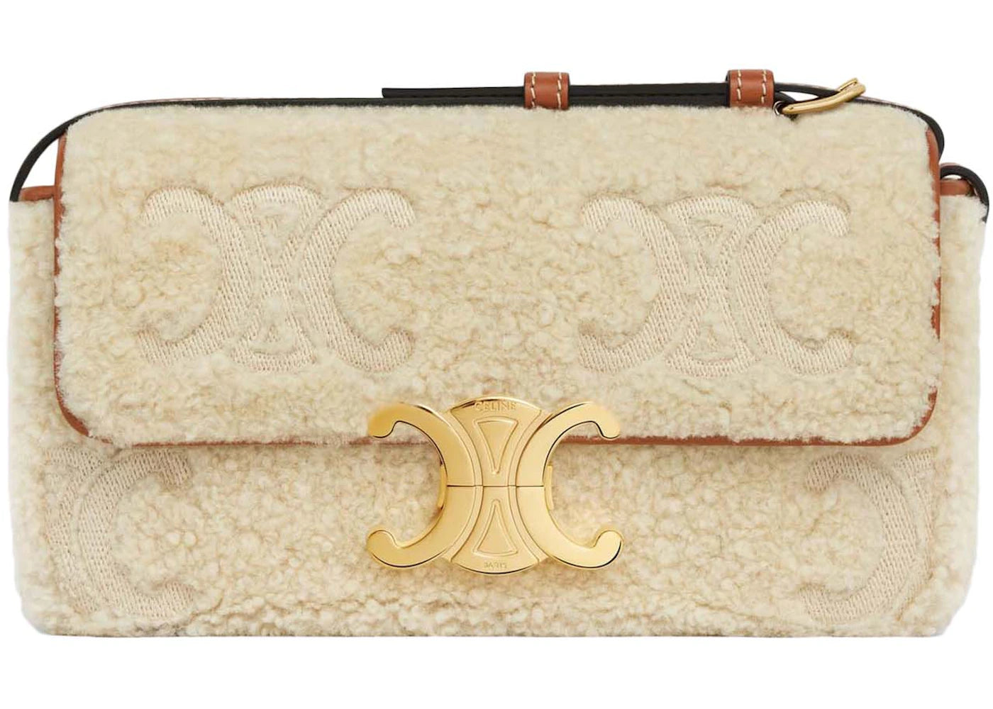 Celine Claude in Shearling with Triomphe Embroideries Shoulder Bag Natural/Tan sneakers - authentic Celine shoes