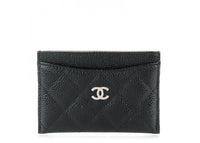 Chanel Quilted Caviar Card Holder Silver-tone Black