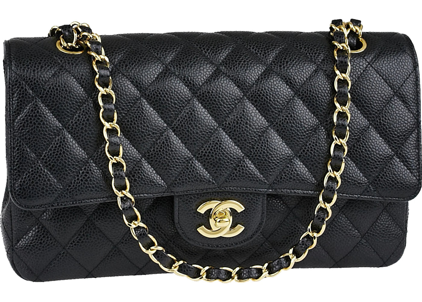 Chanel Classic Double Flap Quilted Caviar Gold-tone Medium Black - vue 360